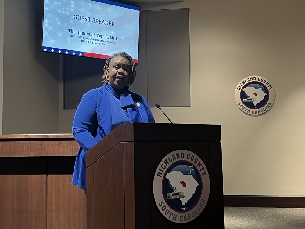 Tyra Little delivering a Veterans Day keynote address